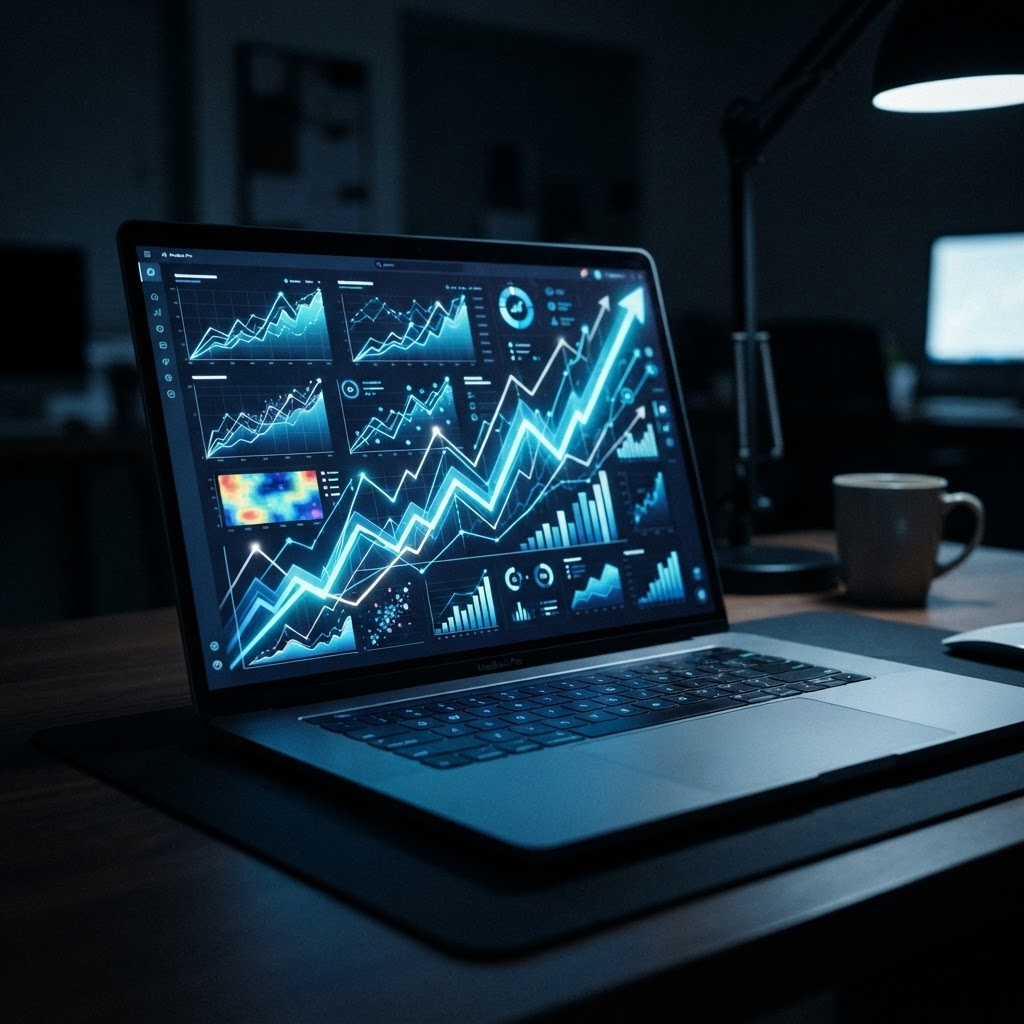 A laptop displaying a rising analytics chart in a dark office