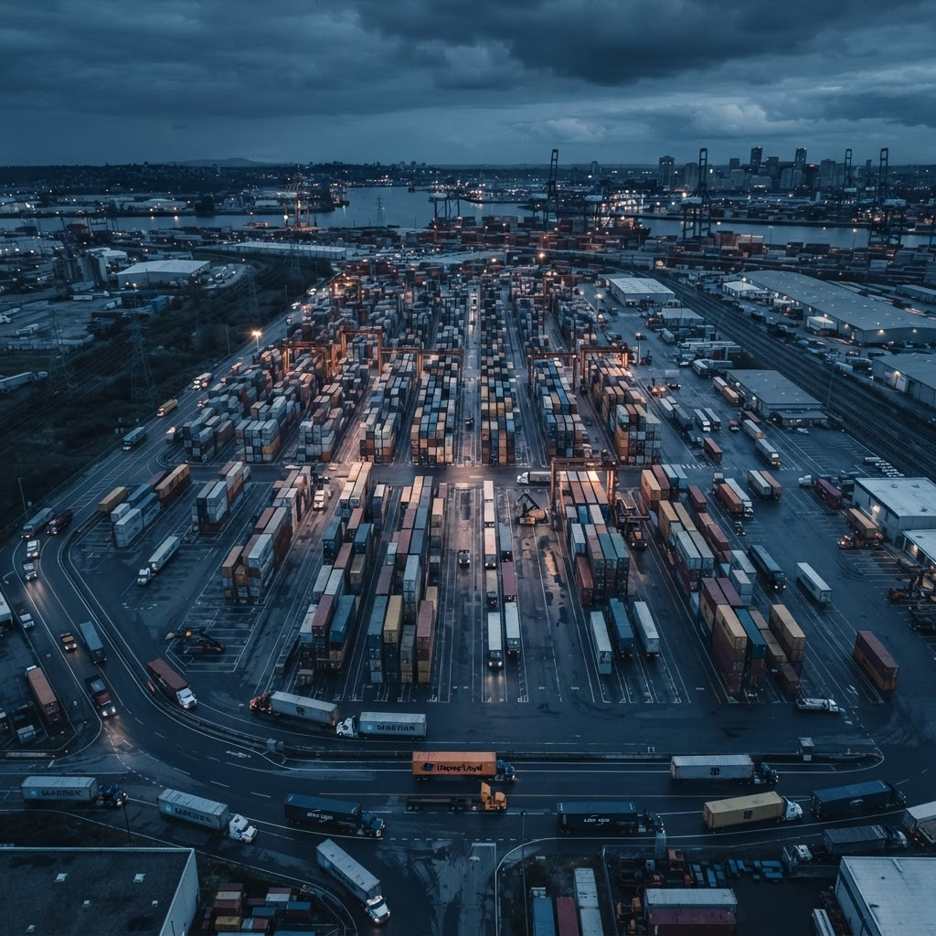 Shipping containers and trucks in a freight yard at dusk