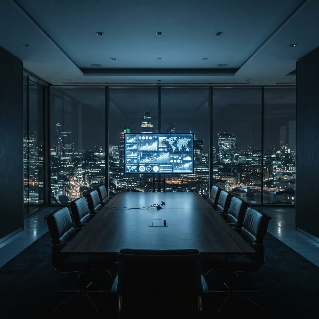 An empty boardroom at night with a single lit data screen