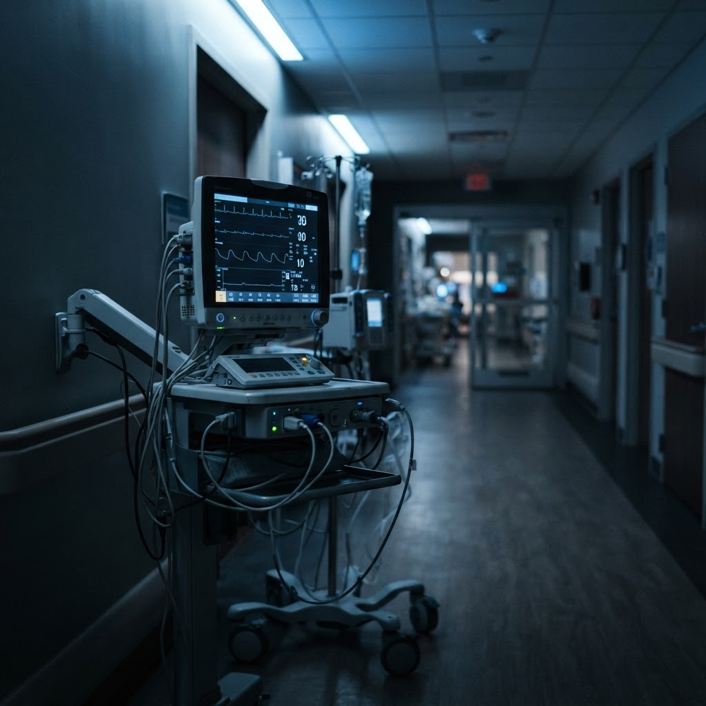 Clinical monitoring equipment in a hospital corridor