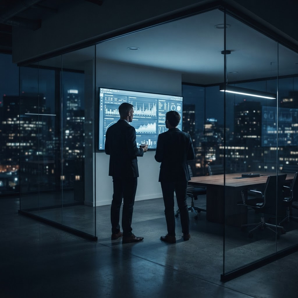 Two founders reviewing performance charts in a glass meeting room