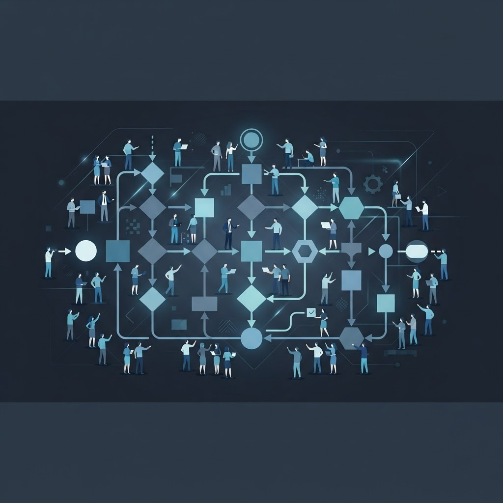 Abstract diagram of many stakeholders around a decision