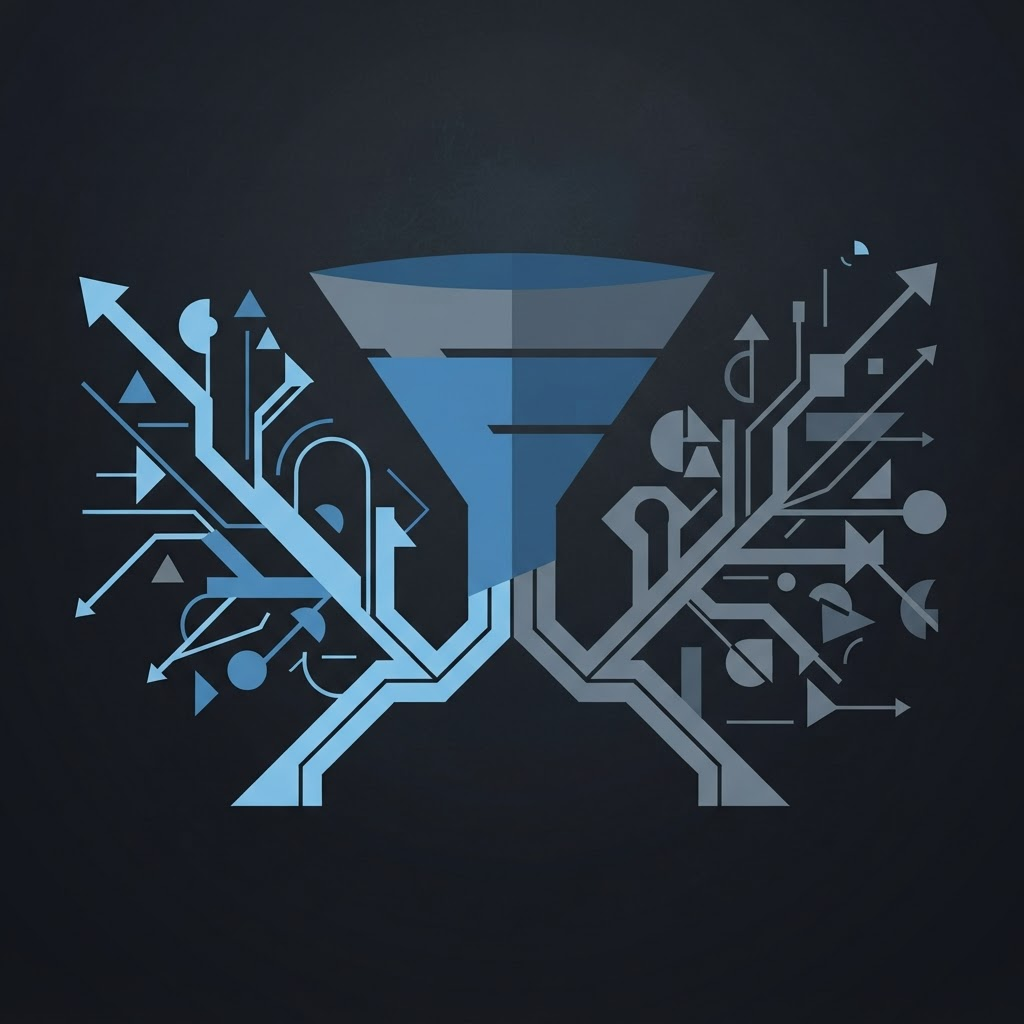Abstract diagram of a funnel splitting into divergent paths